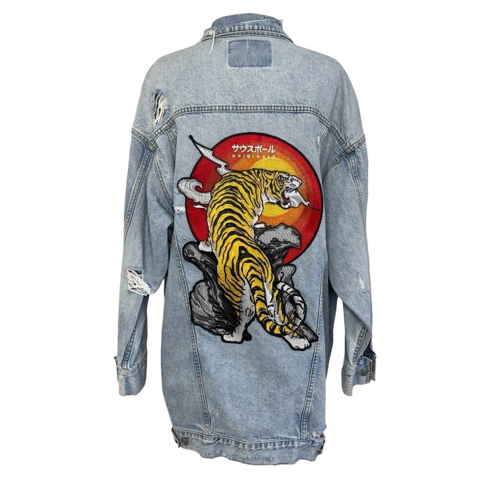 Japanese TIGER Sunset Retro Distressed Denim Jacket Oversized Distressed Sz SP - Picture 8 of 13